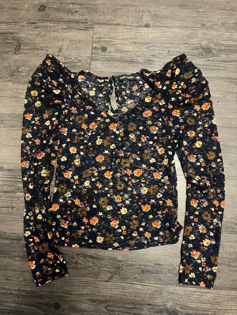 Black Floral Long-Sleeve Puff Shoulder Tee